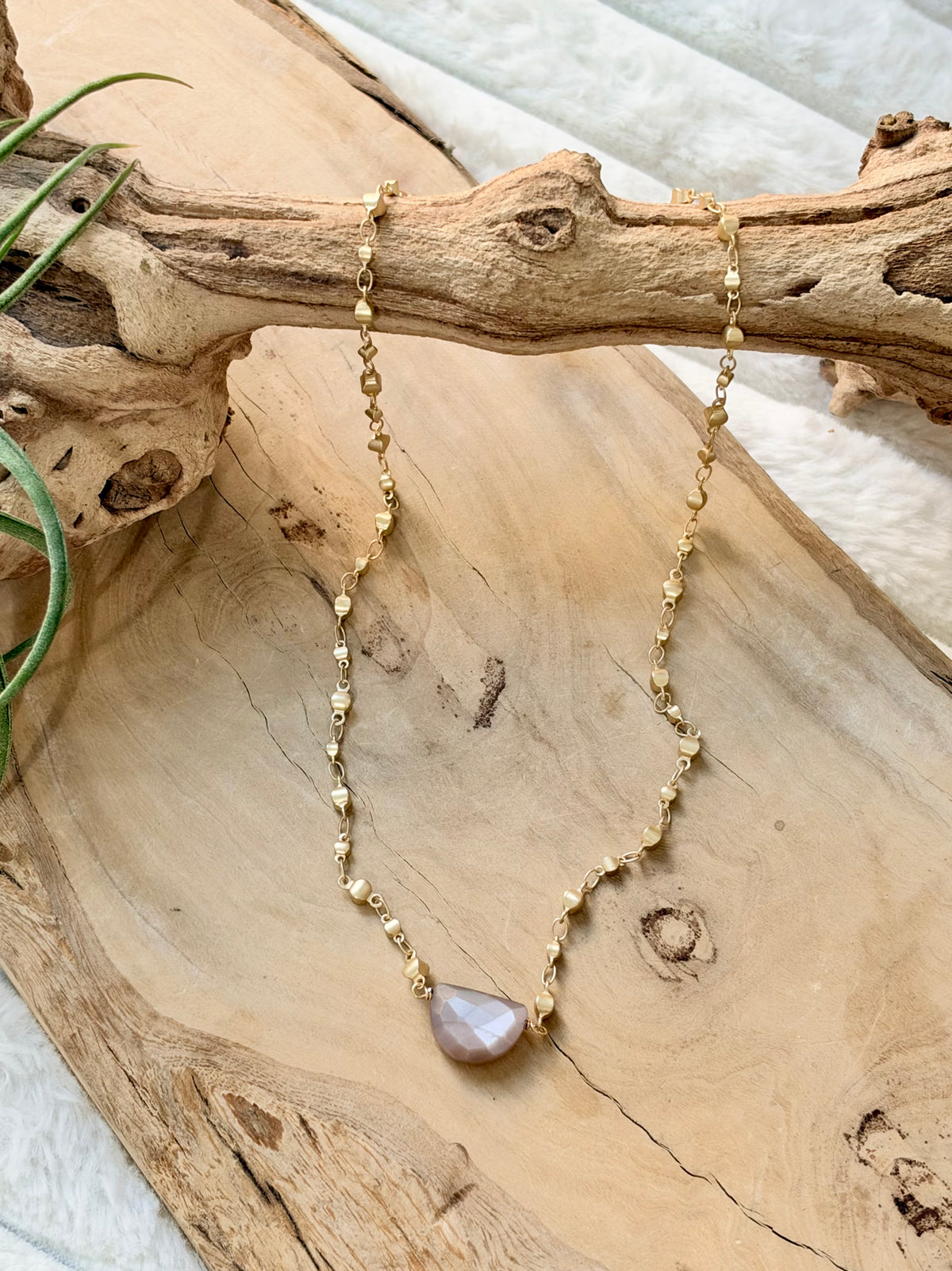 Chocolate Moonstone + Matte Gold Half Moon Necklace