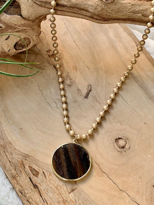 Tiger Eye + Matte Gold Ball Chain Necklace