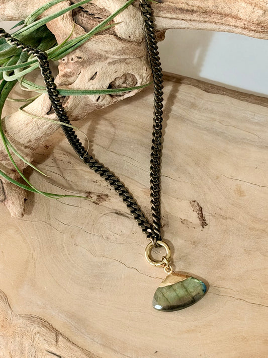 Labradorite + Antique Brass and Gold Carabiner Necklace