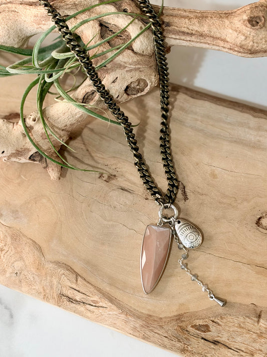 Peach Moonstone + Antique Brass and Gold Carabiner Necklace
