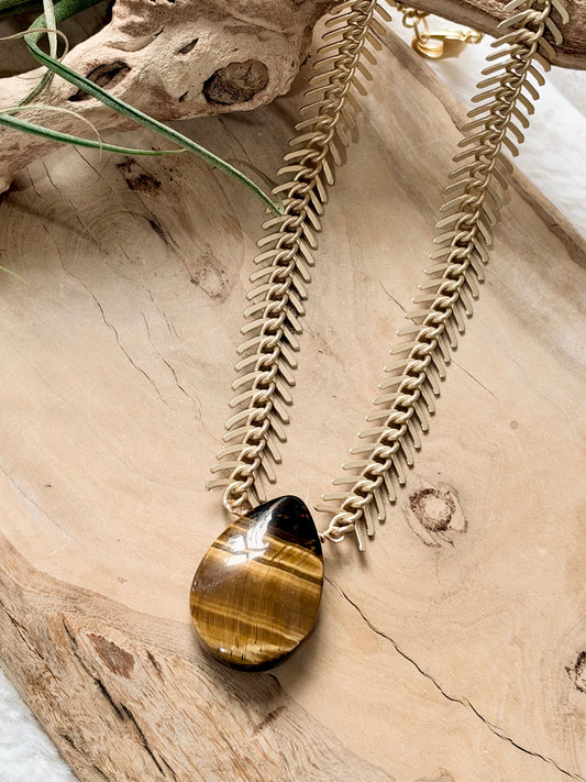 Tiger Eye + Matte Gold Fishbone Chain Necklace