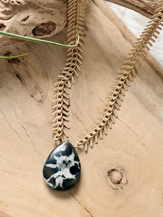Septarian Fossil + Matte Gold Fishbone Chain Necklace