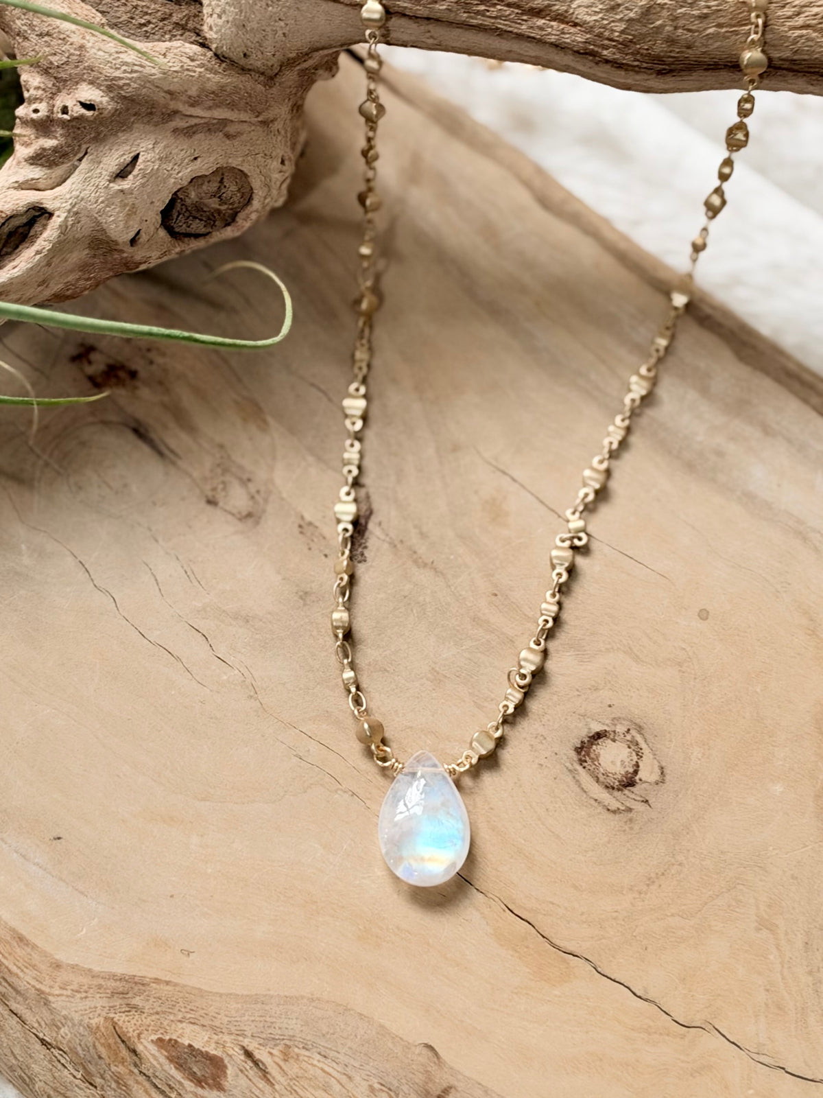 Rainbow Moonstone + Matte Gold Necklace