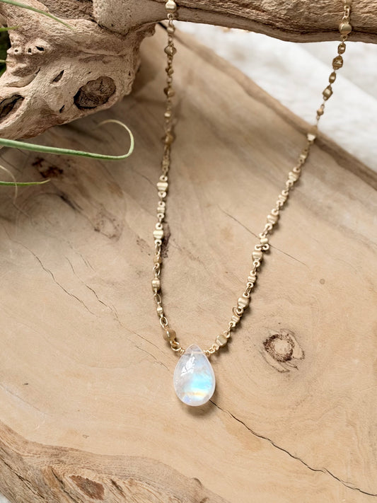Rainbow Moonstone + Matte Gold Necklace