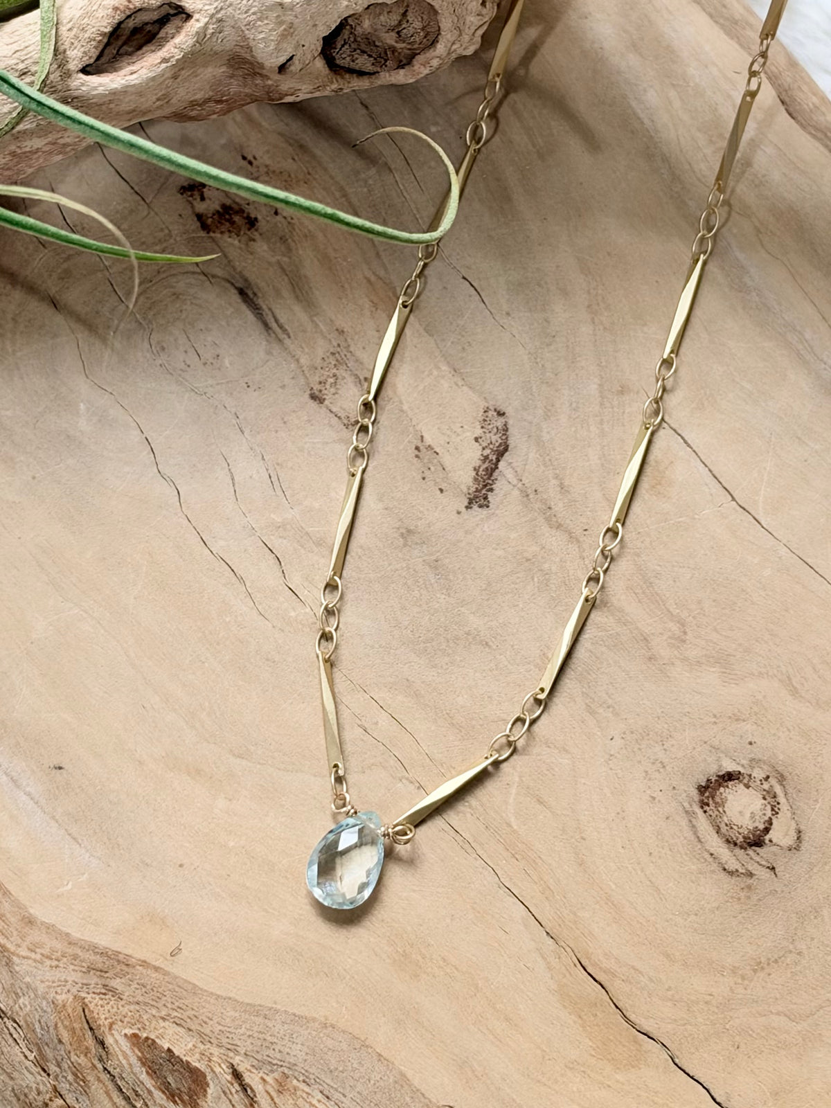 Pale Blue Topaz + Matte Gold Diamond Necklace