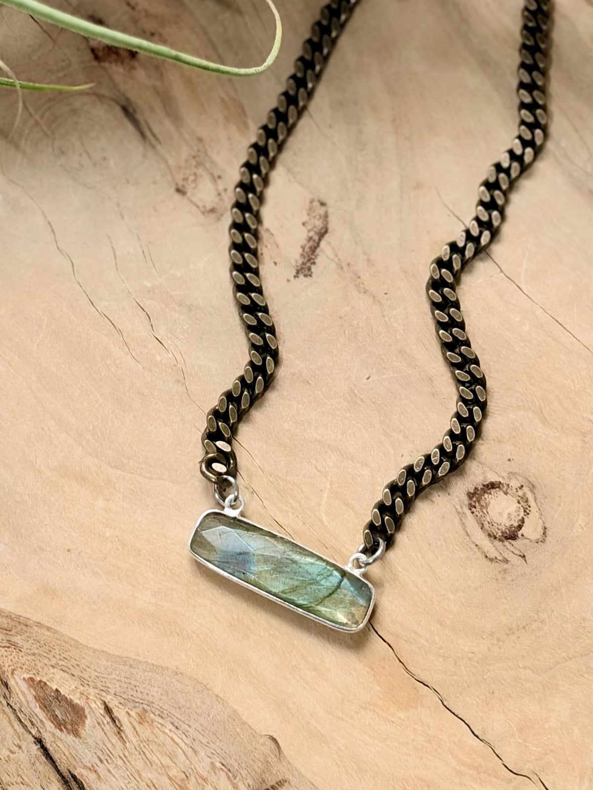 Labradorite + Antique Brass Bar Necklace (Small)