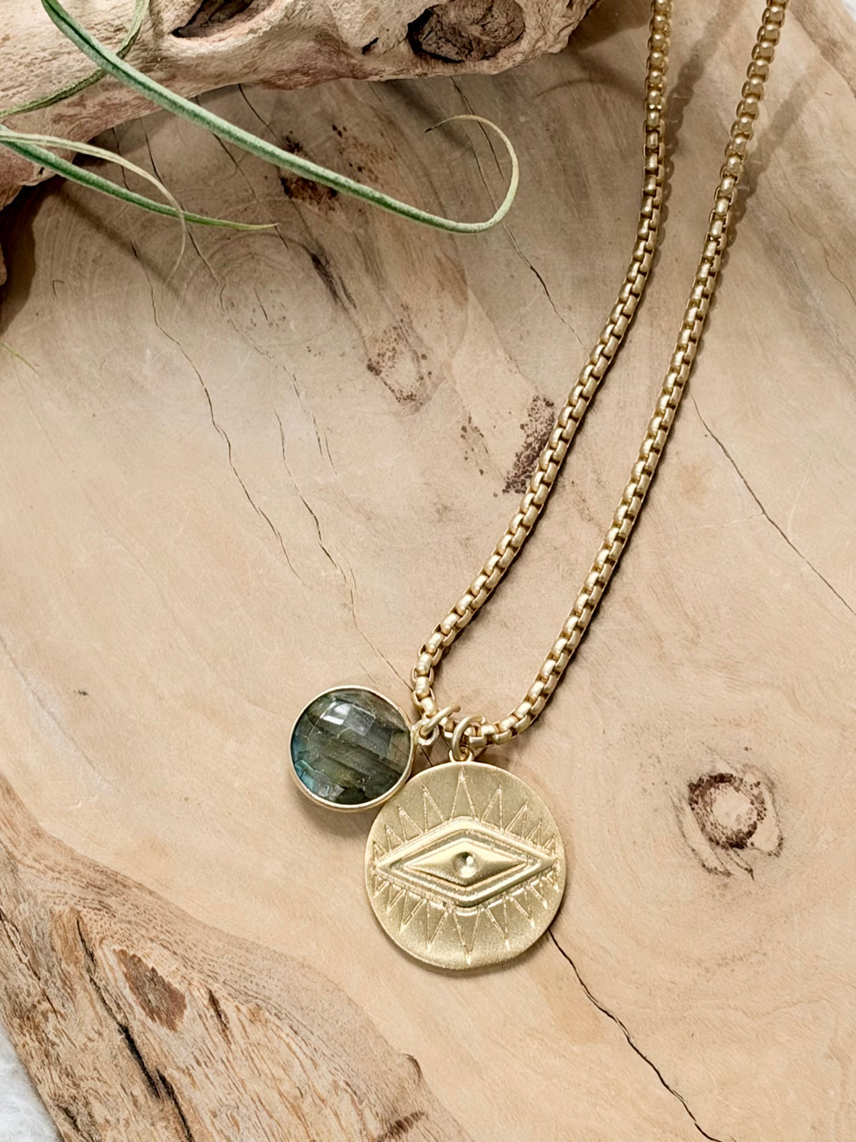 Round Labradorite + Matte Gold Evil Eye Necklace