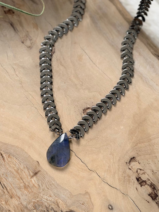 Labradorite + Gunmetal Half-Moon Necklace