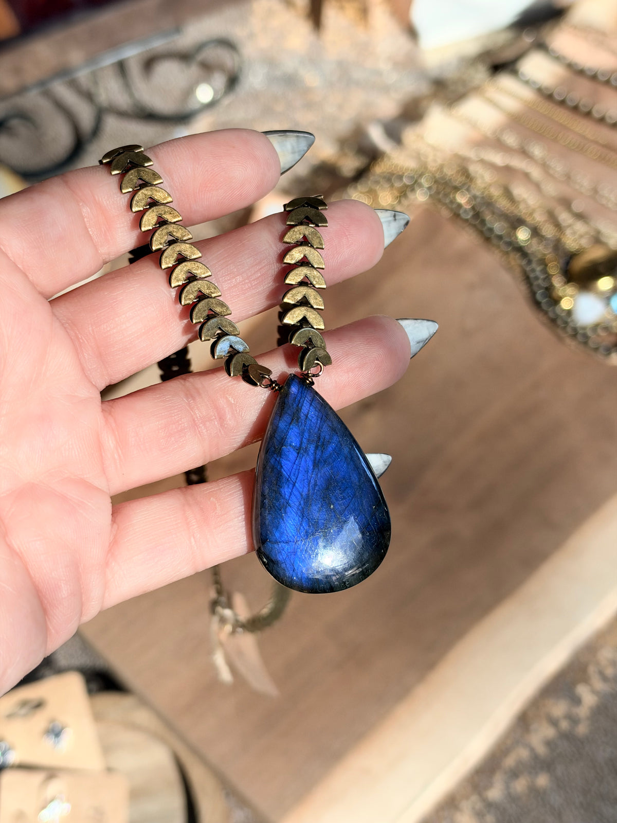 Neon Labradorite + Antique Brass Half-Moon Necklace