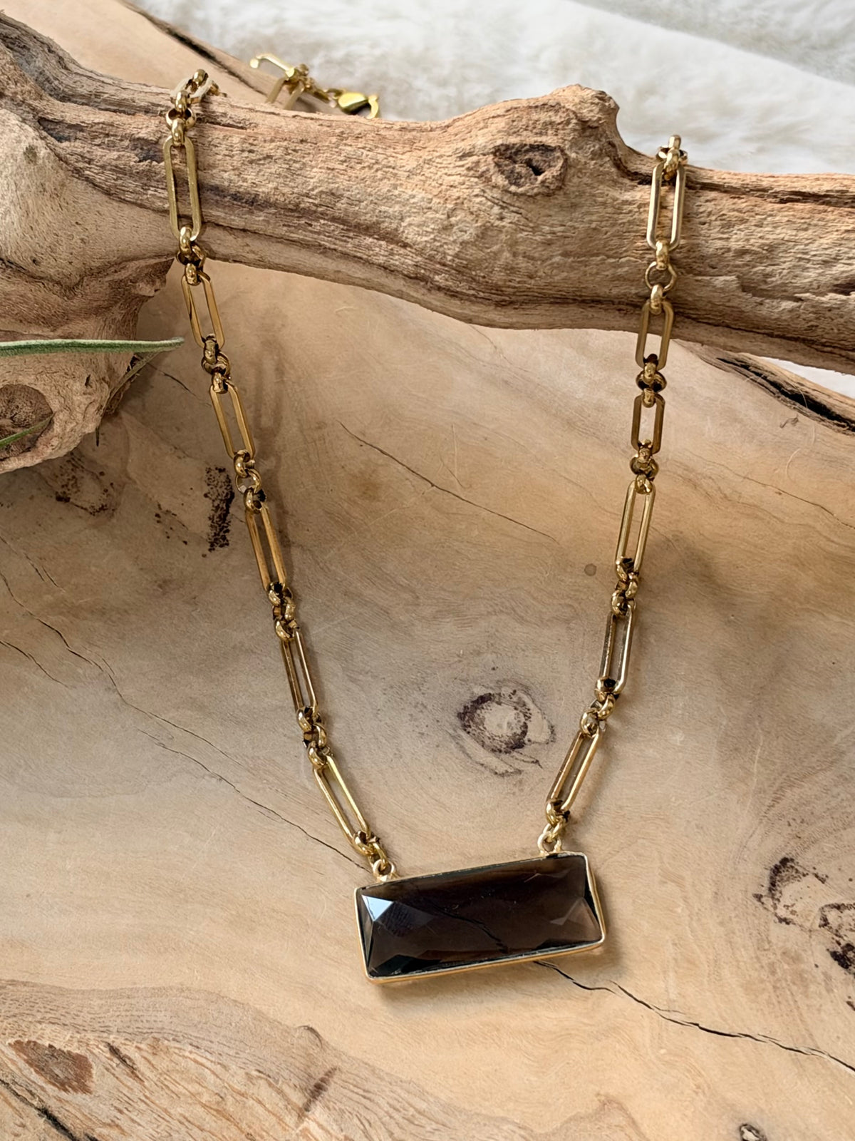Smoky Quartz + Gold Bar Pendant Necklace