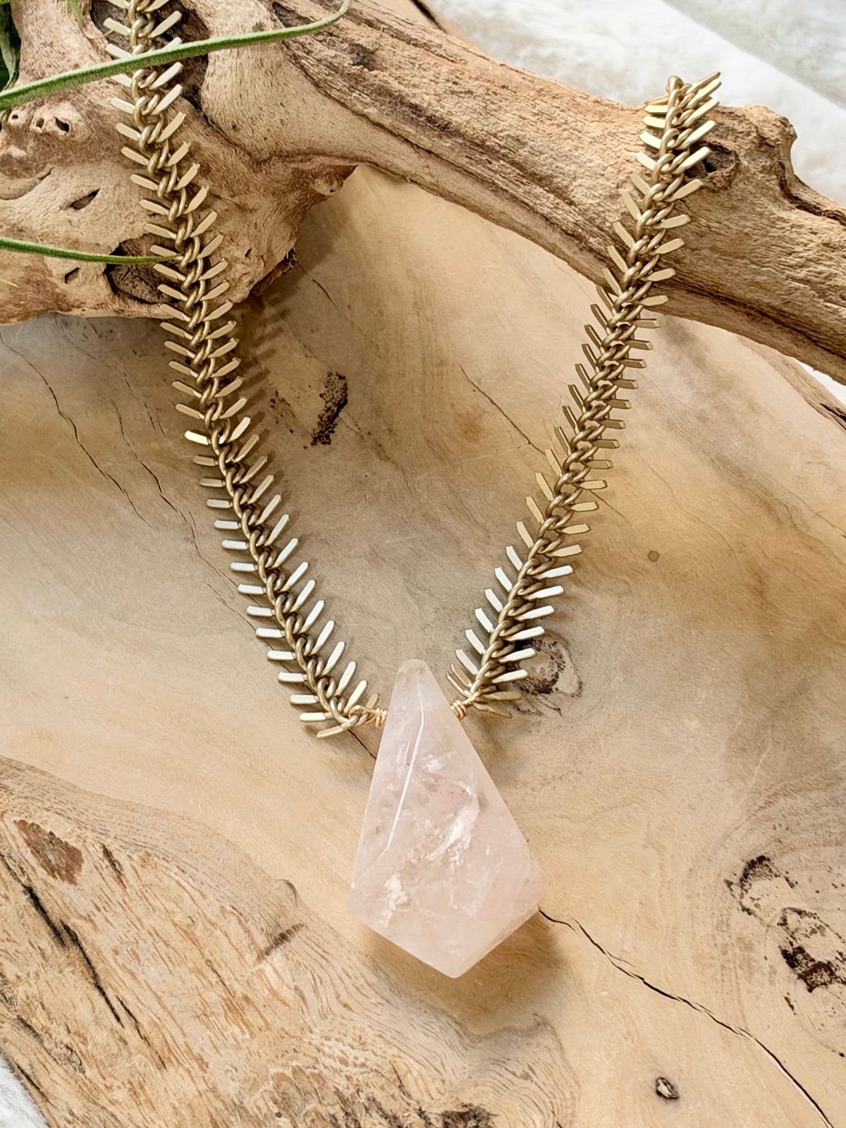 Brazilian Quartz + Matte Gold Fishbone Necklace