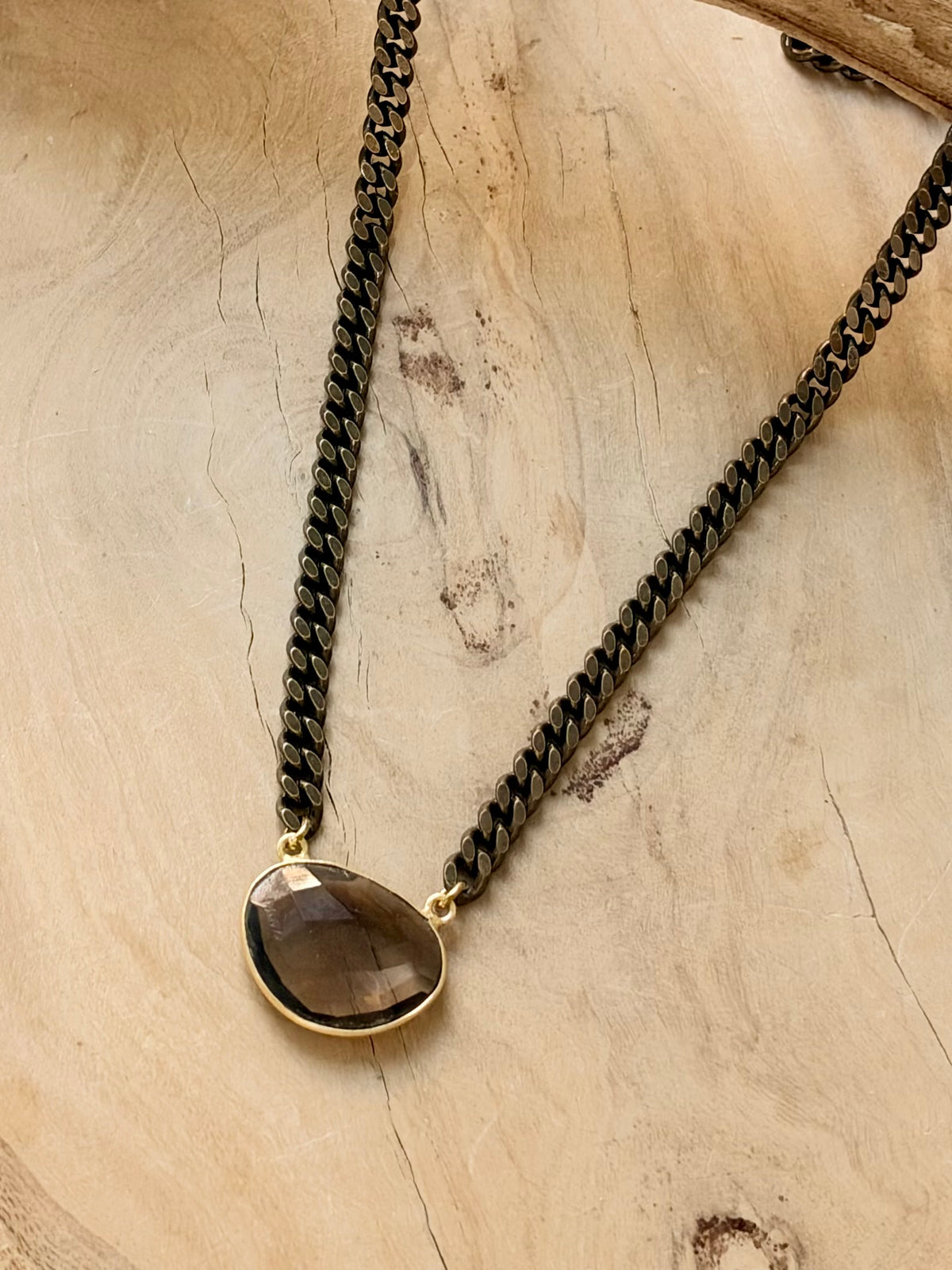 Smoky Quartz + Antique Brass Necklace