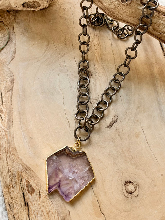 Amethyst Slice + Antique Brass Necklace