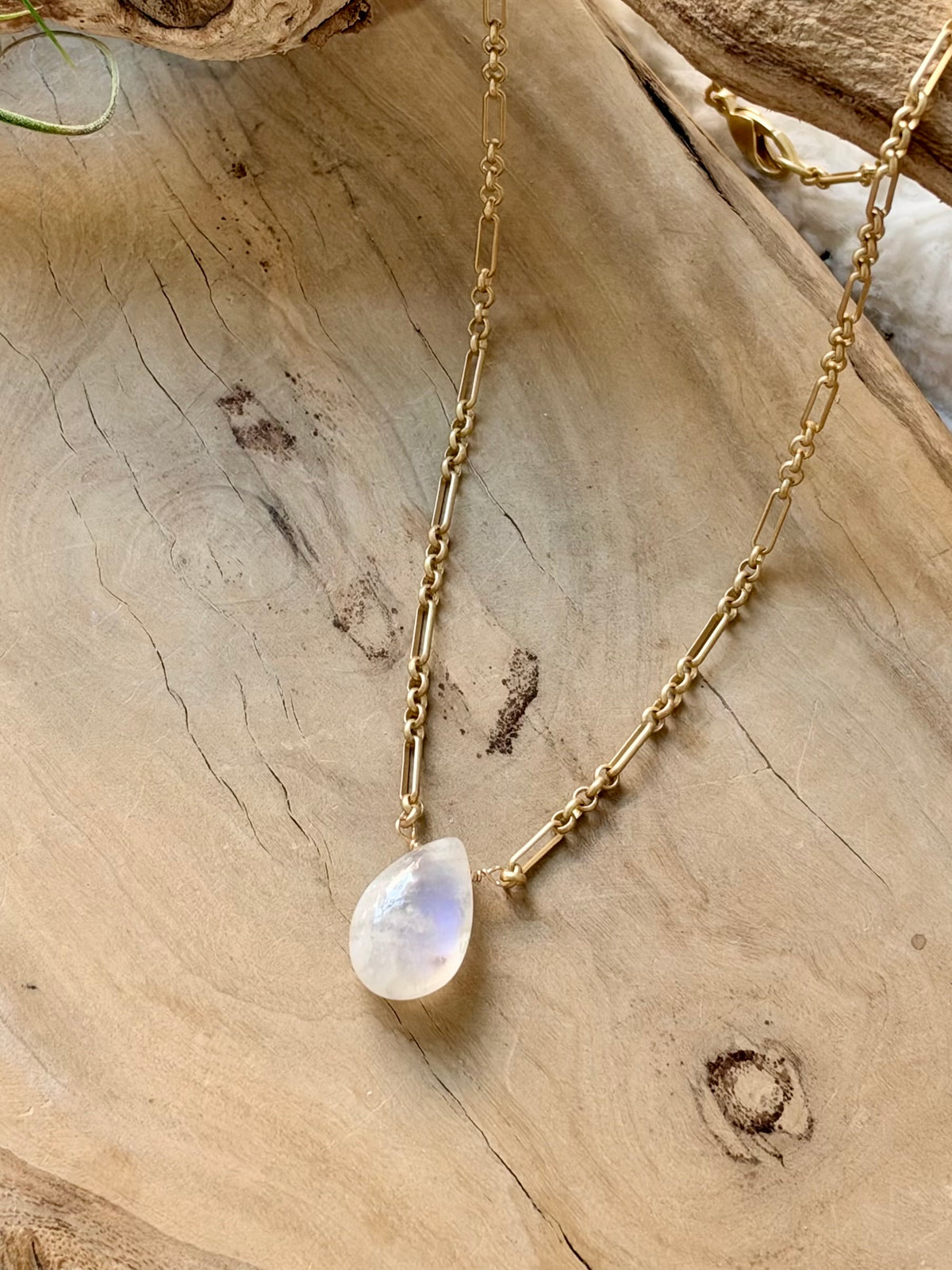 Rainbow Moonstone + Matte Gold Necklace