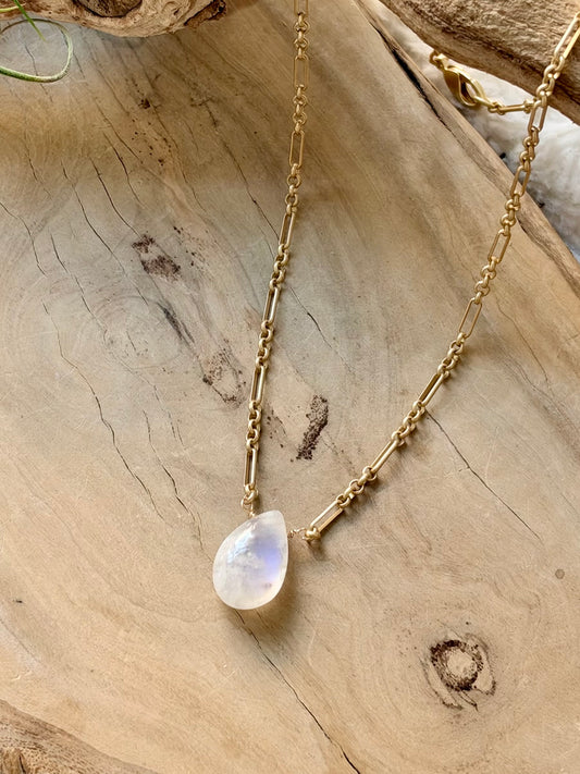 Rainbow Moonstone + Matte Gold Necklace