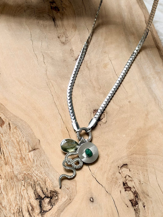 Labradorite + Silver Carabiner Herringbone Necklace