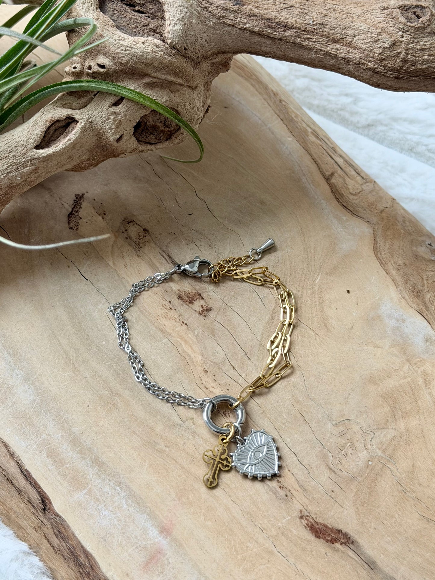 Mixed Metal Carabiner Bracelet (Heart + Cross)