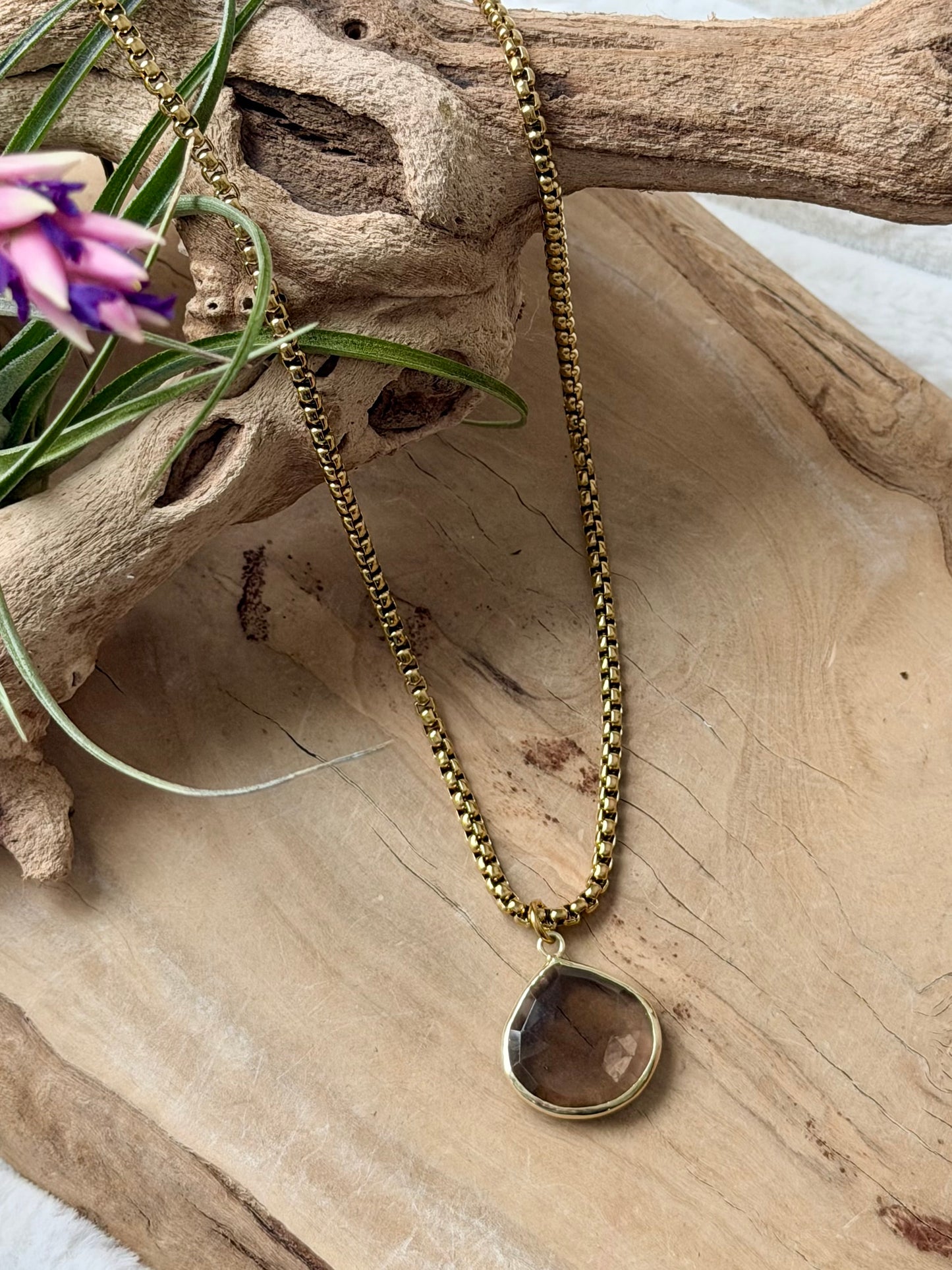 Smoky Quartz + Gold Stainless Steel Necklace