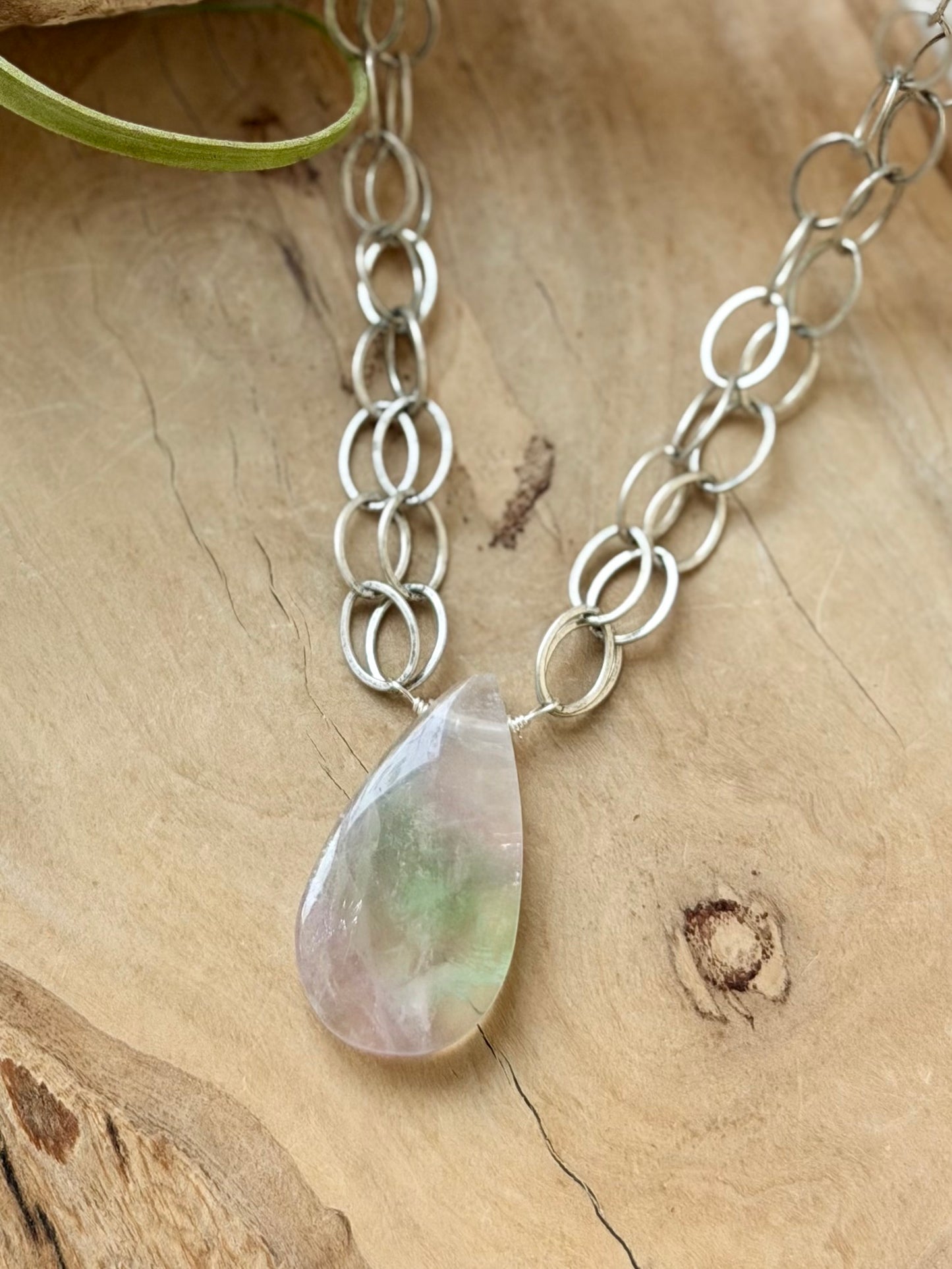 Feather Fluorite + Antique Silver Double Chain Necklace