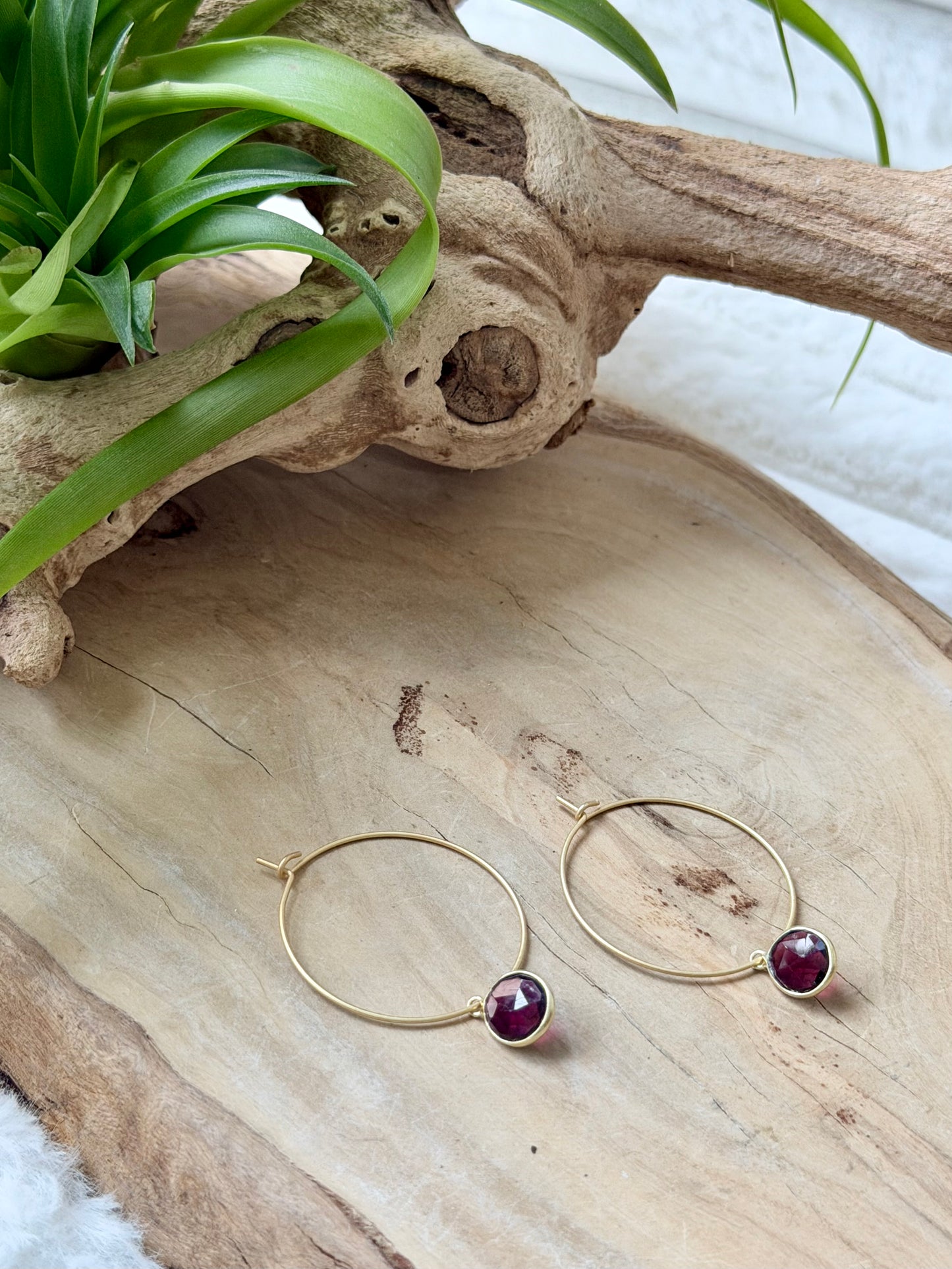 Garnet + Matte Gold Hoop Earrings