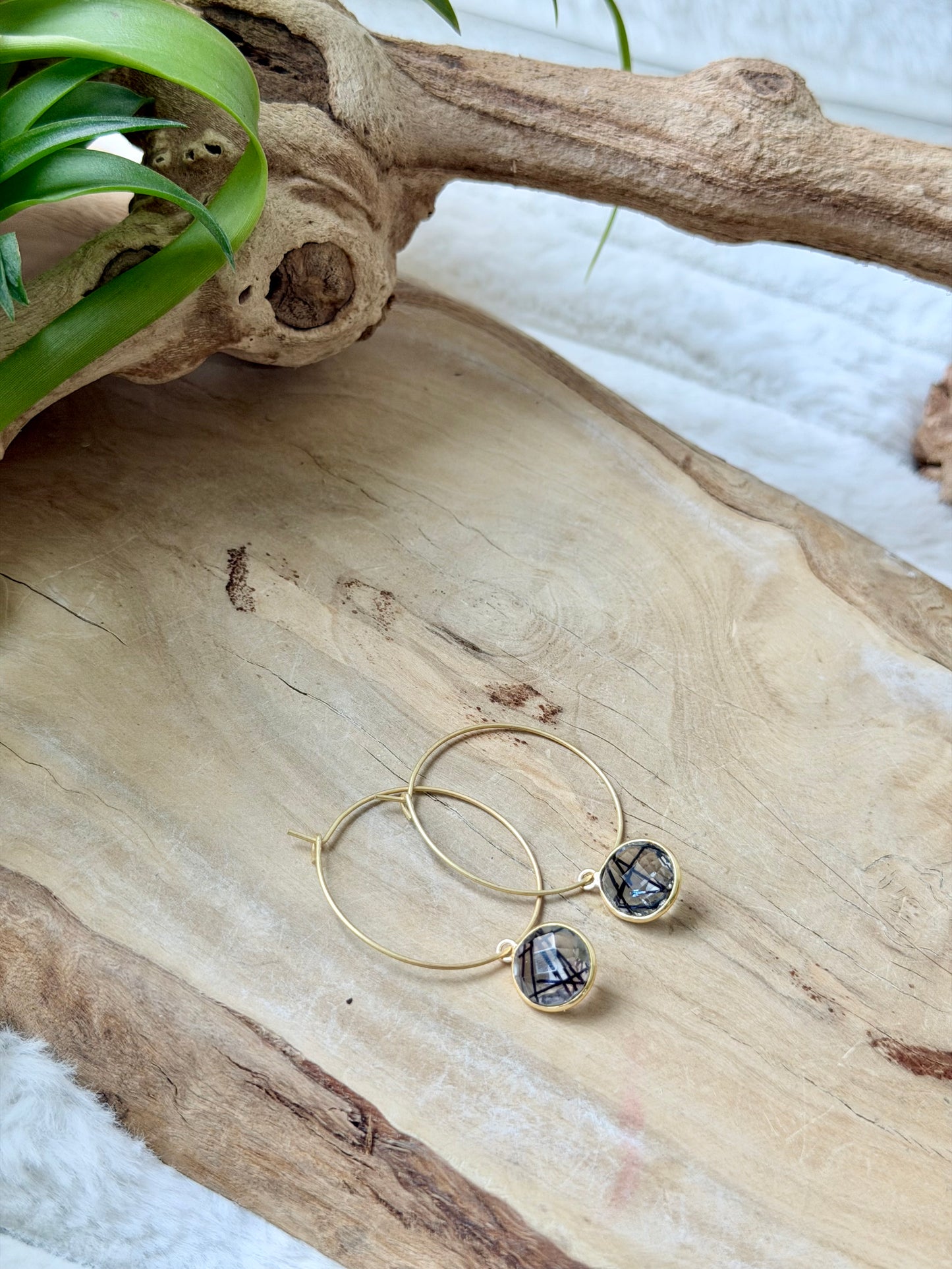 Black Tourmaline in Quartz + Matte Gold Hoop Earrings