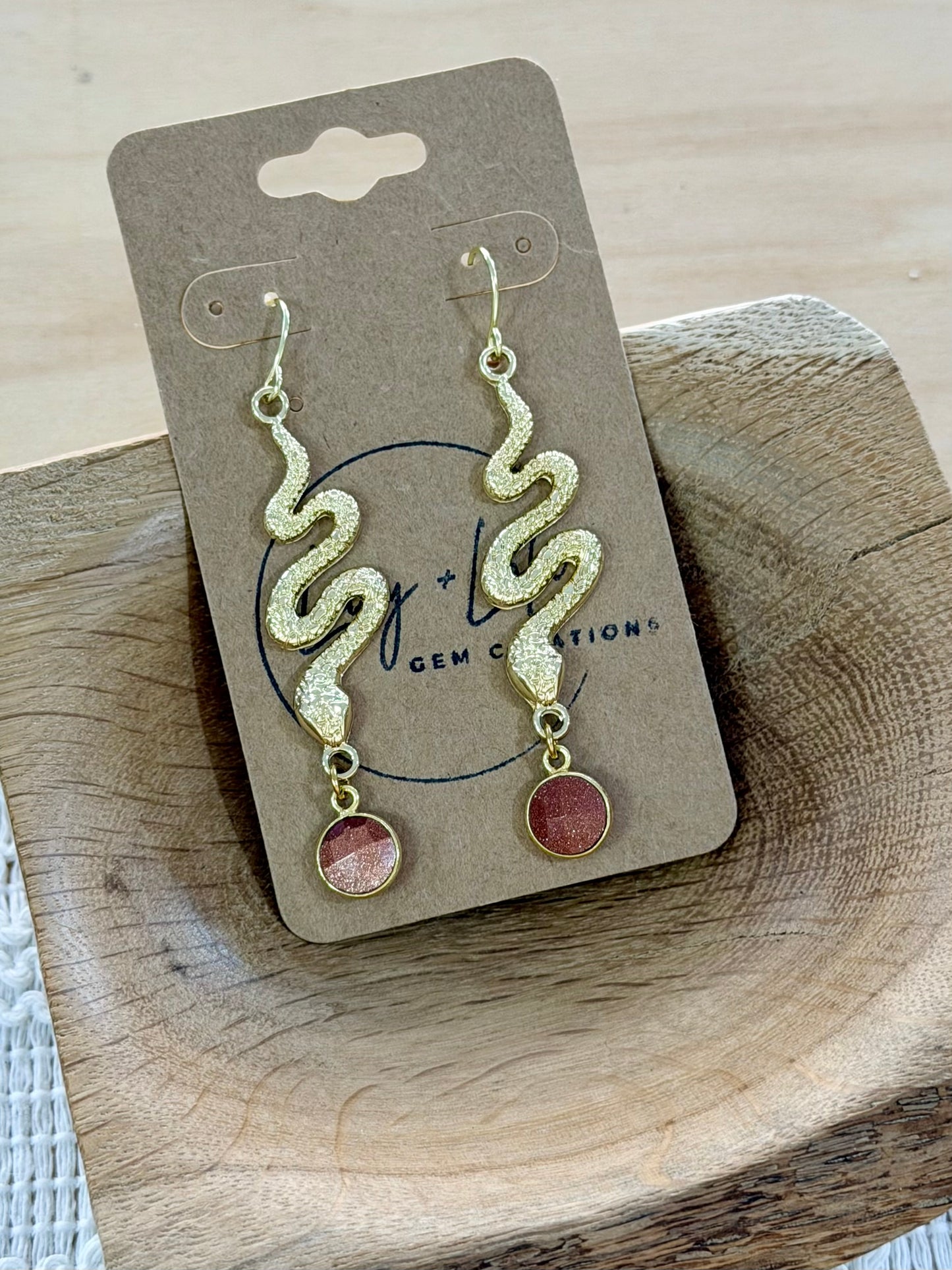 Goldstone + Gold Snake Earrings