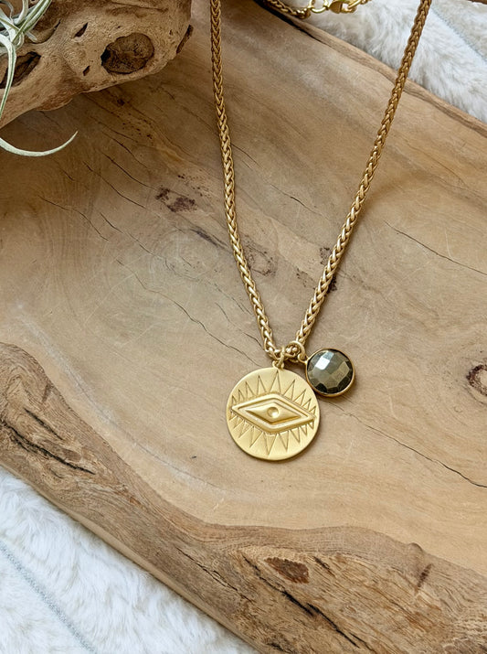 Pyrite + Matte Gold Evil Eye Necklace