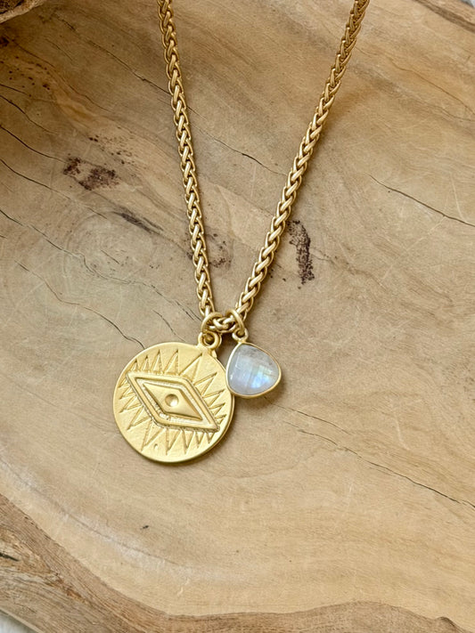 Rainbow Moonstone + Matte Gold Evil Eye Necklace