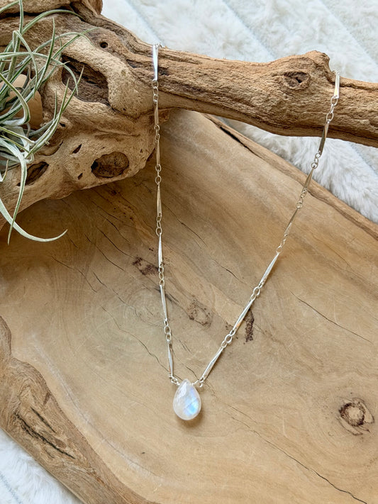 Rainbow Moonstone + Silver Pendant Necklace