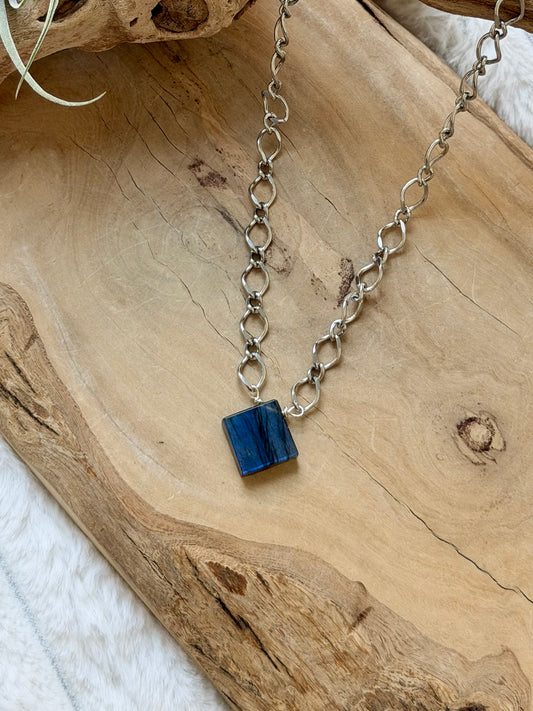 Square Labradorite + Silver Stainless Steel Necklace