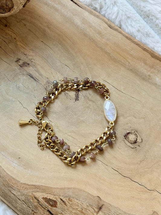 Rainbow Moonstone + Chocolate Moonstone Duet Bracelet in Gold Stainless Steel
