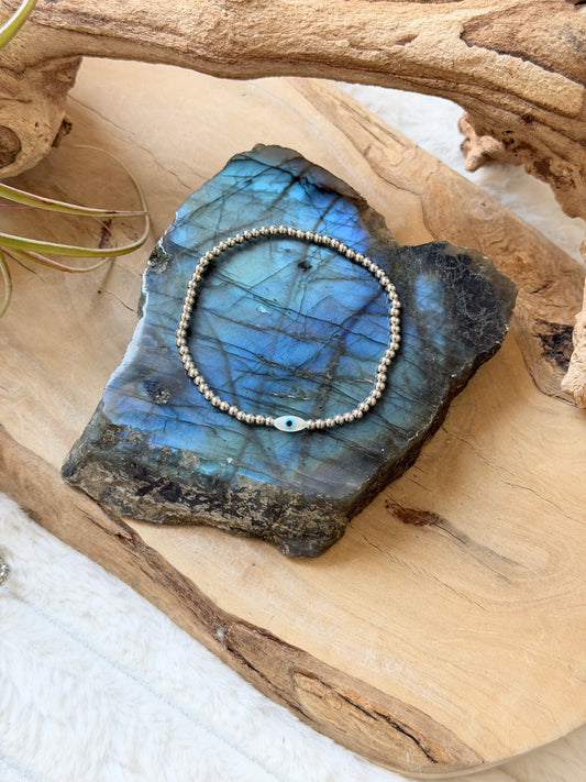 Mother of Pearl Evil Eye + Silver Stainless Steel Bracelet