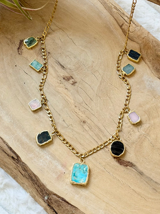 Mixed Gemstone with Turquoise + Gold Stainless Charm Necklace