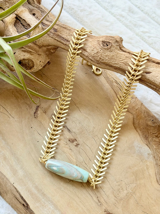 Aqua Blue Terra Agate + Matte Gold Fishbone Chain Necklace