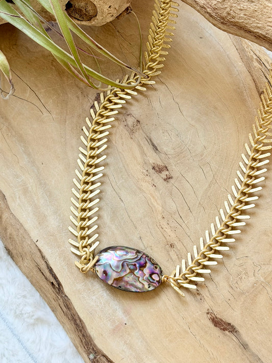 Abalone Shell + Matte Gold Fishbone Chain Necklace