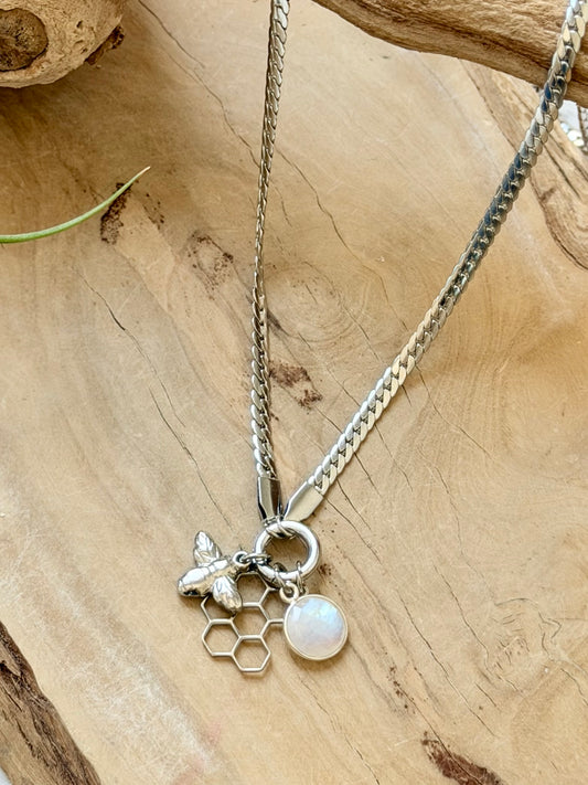 Rainbow Moonstone + Silver Carabiner Herringbone Necklace