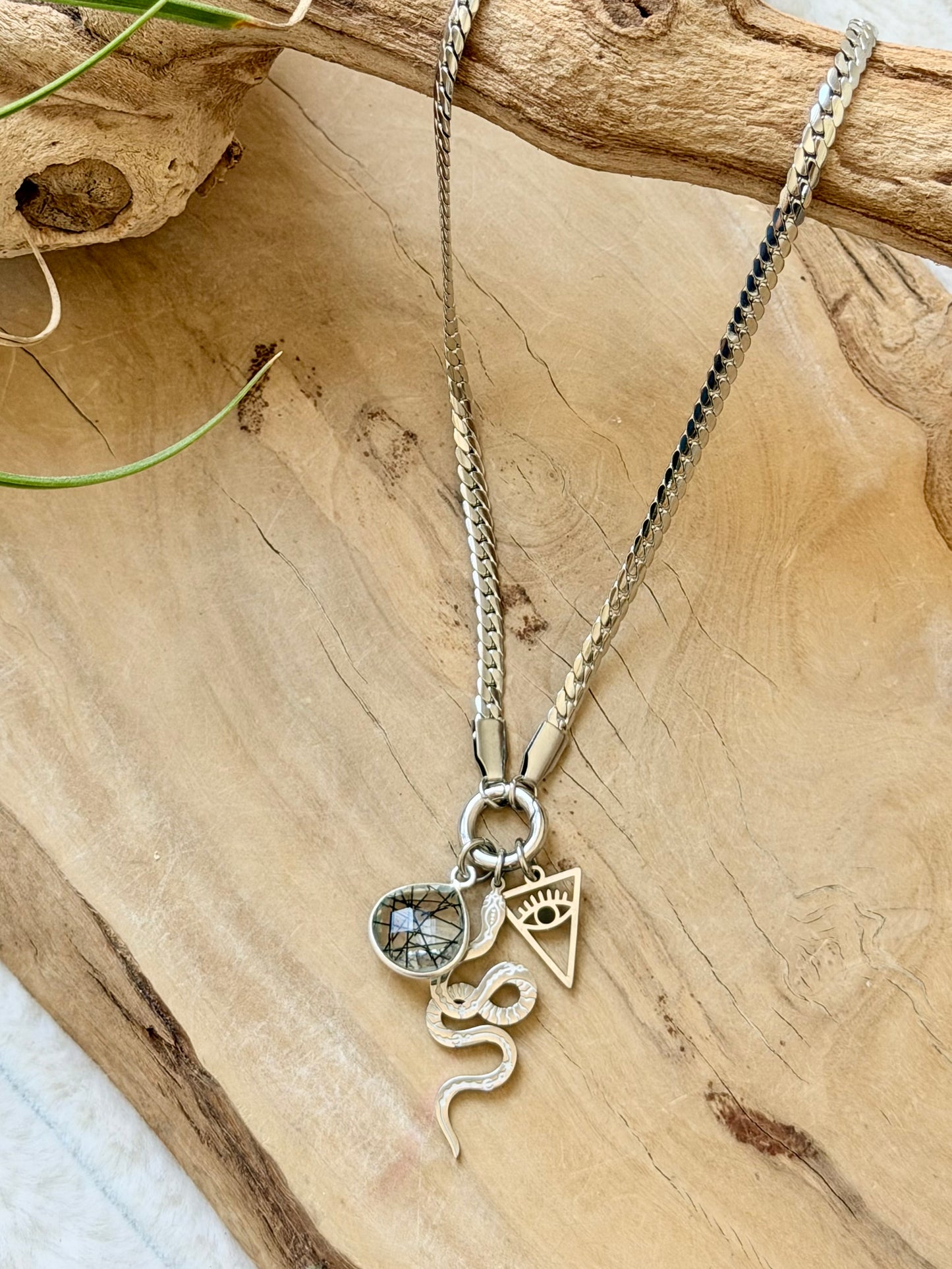 Tourmaline in Quartz + Silver Carabiner Herringbone Necklace