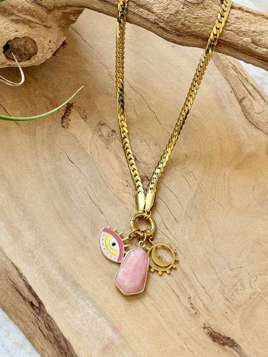 Pink Opal + Gold Evil Eye Carabiner Herringbone Necklace