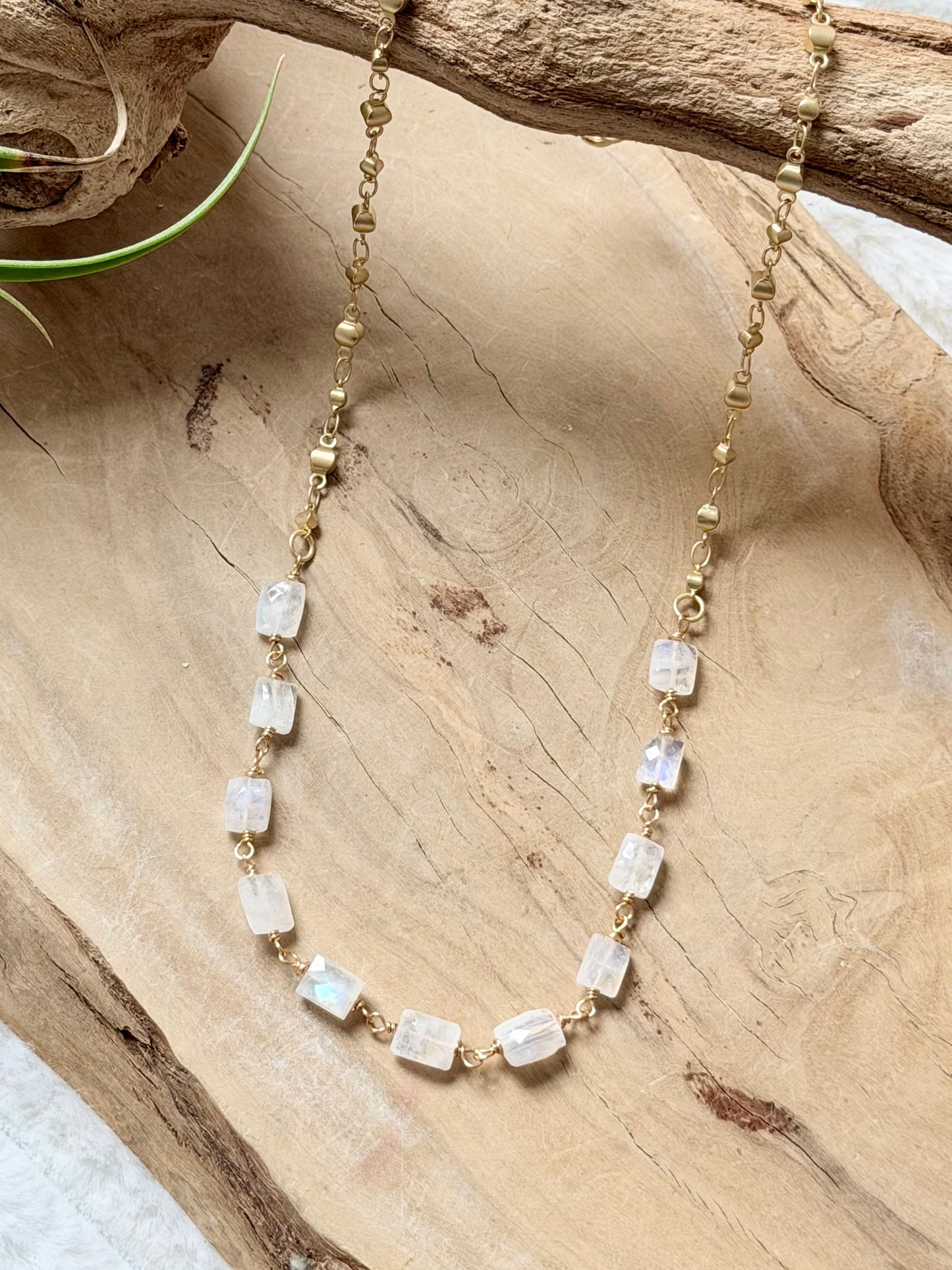 Rainbow Moonstone + Matte Gold Necklace