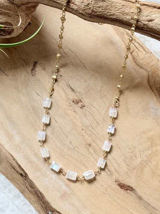Rainbow Moonstone + Matte Gold Necklace