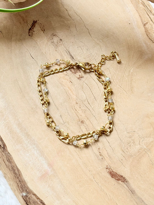 Golden Pyrite + Labradorite Gold Stainless Steel Skinny Duet Bracelet