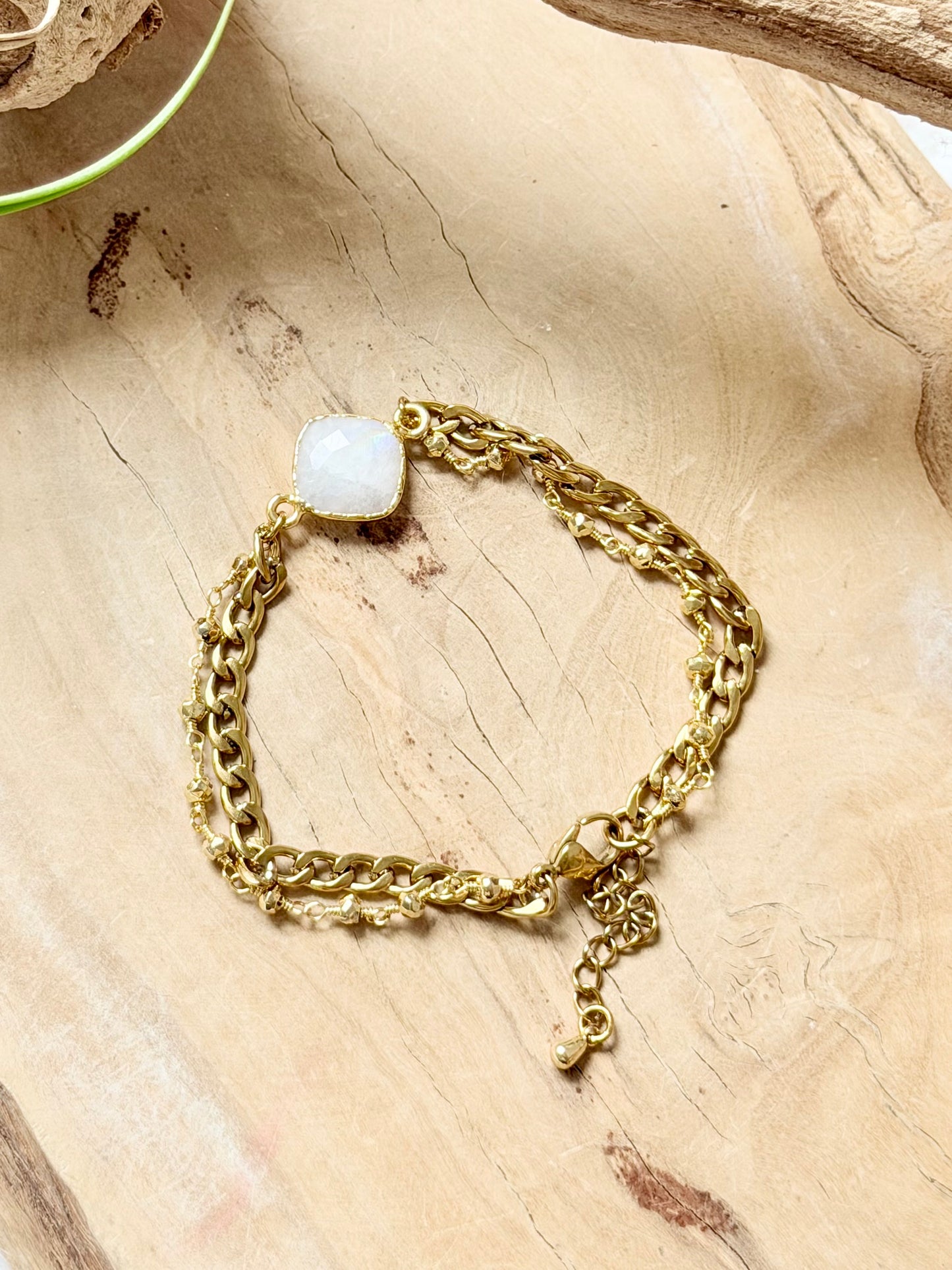 Rainbow Moonstone + Golden Pyrite Duet Bracelet in Gold Stainless Steel
