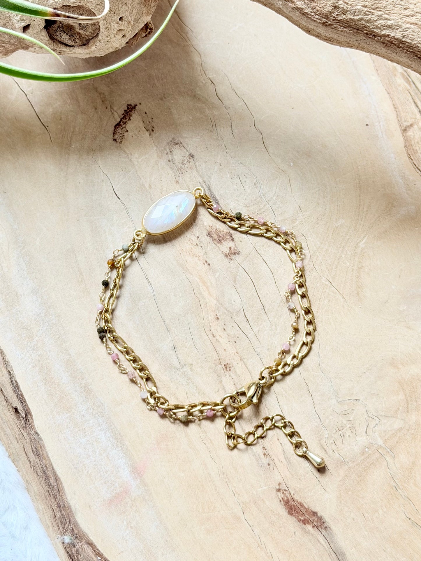 Rainbow Moonstone + Tourmaline Duet Bracelet in Gold Stainless Steel