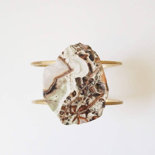 Earthy Neutral Mushroom Jasper and Adjustable Brass Cuff