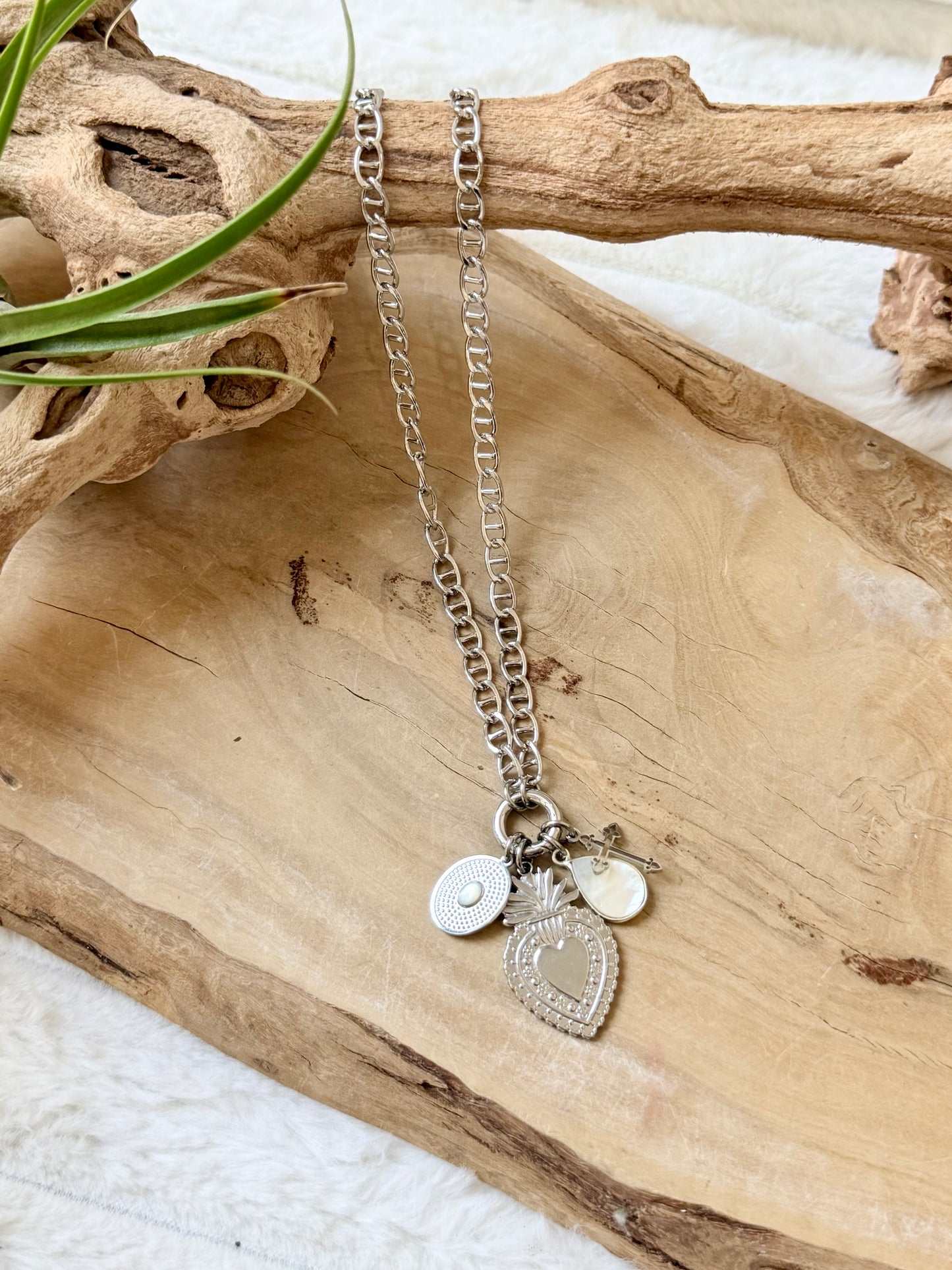 Mother of Pearl + Silver Stainless Carabiner Charm Necklace