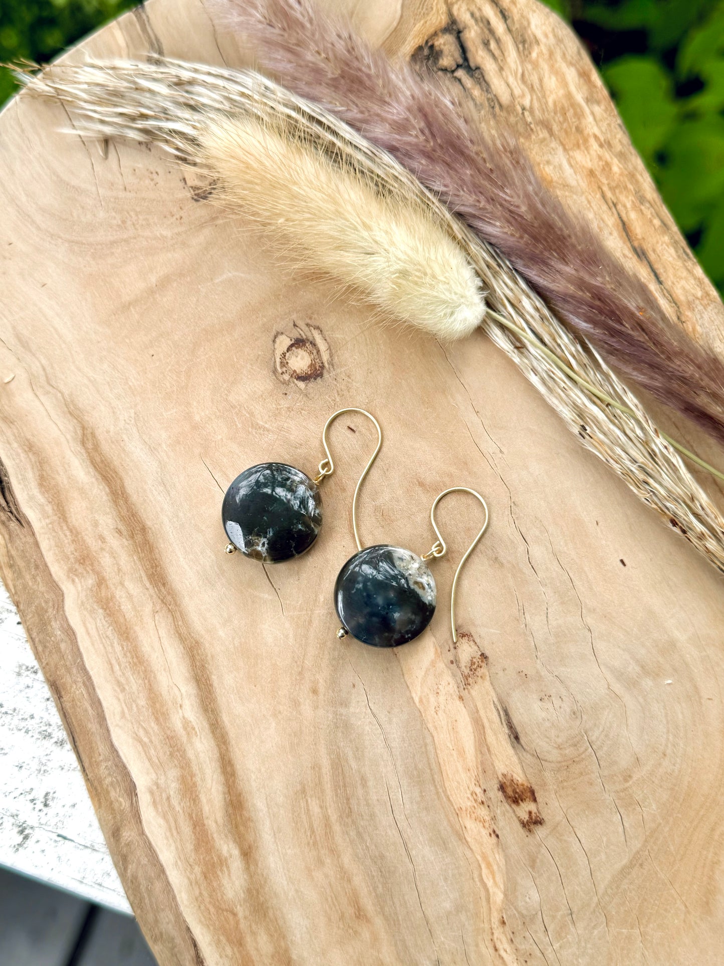 Dendritic Opal + Matte Gold Disc Earrings