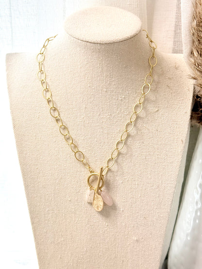 Rose Quartz + Moonstone Gold Charm Toggle Necklace