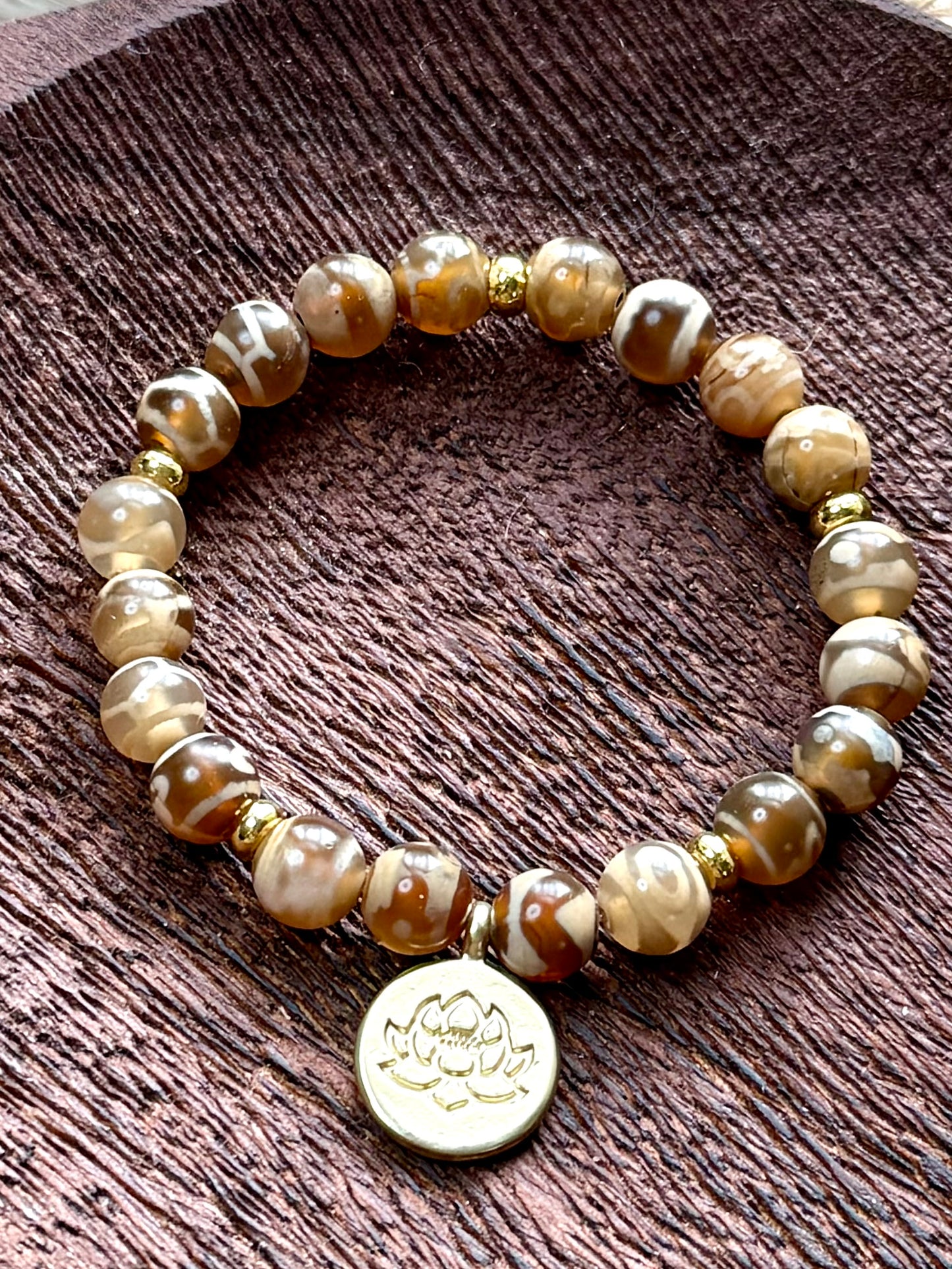 Tan Tibetan Agate + Gold Chunky Charm Band