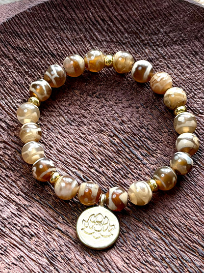 Tan Tibetan Agate + Gold Chunky Charm Band