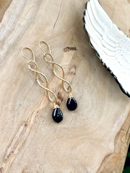 Black Tourmaline + Matte Gold Infinity Earrings